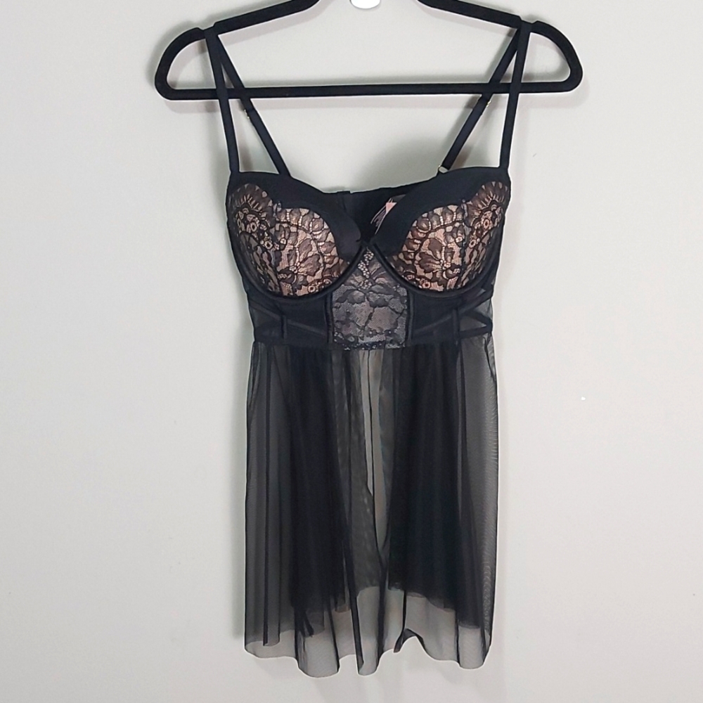 Victoria's Secret Babydoll Black Lace Sheer Underwired Push-Up Padded Bra 36C